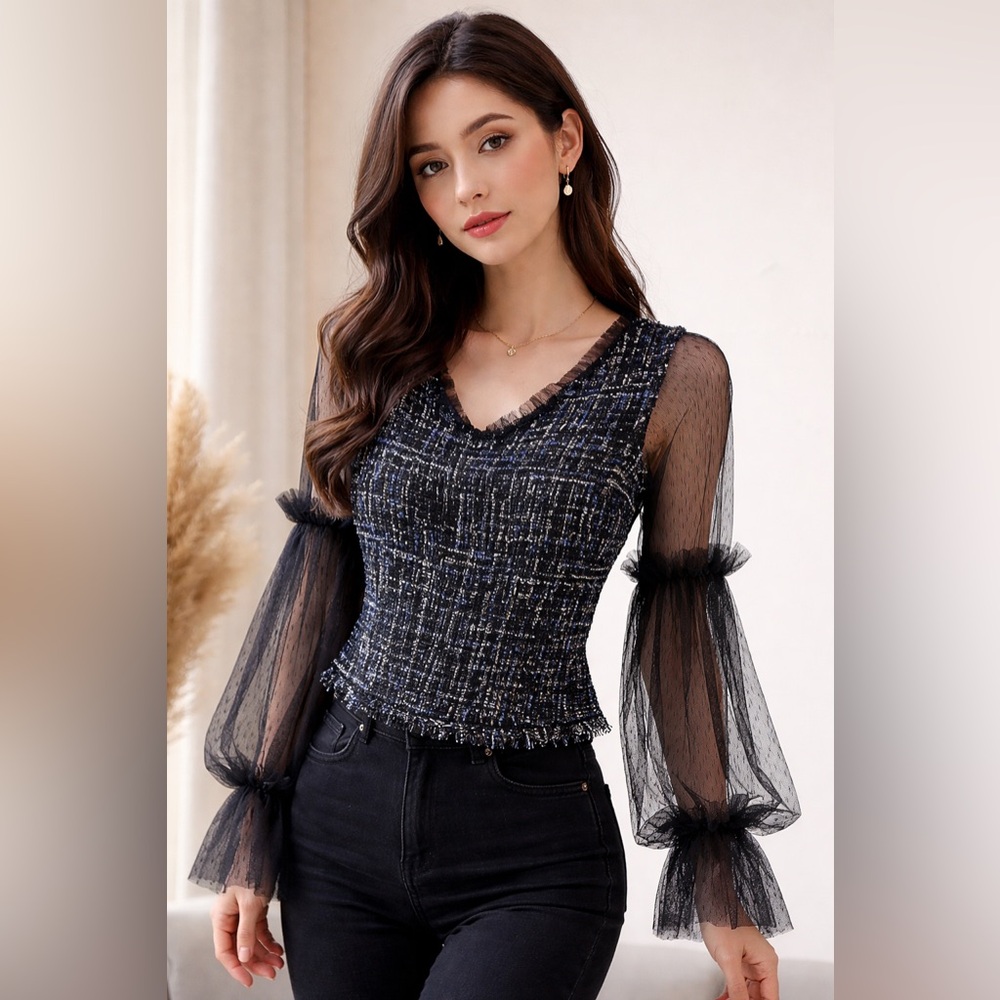 JIA Women Sheer Lace‎ Blouse Black Tiered Ruffle Sleeves Bohemian Goth Small y2k